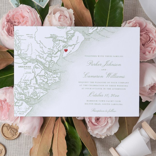 Elegant Hilton Head Island Map Sage Green Wedding Invitation (Hilton Head SC Map Wedding Invitation in Elegant Sage Green by Coastal Map Designs)