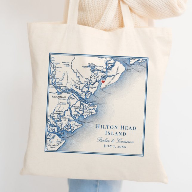 Elegant Hilton Head Map Navy Blue Wedding Tote Bag (Hilton Head Island Wedding Tote Bag Personalized with couples names and elegant navy blue map)