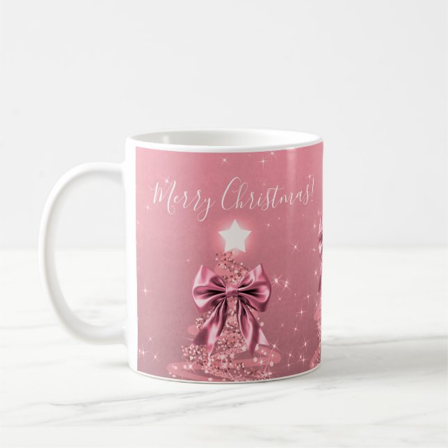 Elegant Holiday Blush Pink Christmas Trees Bows Coffee Mug (Left)