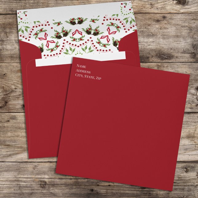 Elegant Holiday Christmas Square Envelope (Christmas red and green pinecones holiday square envelope.)