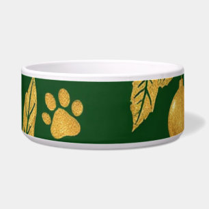 Elegant Holiday Dog Bowl – Gold & Green with Paws