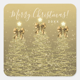 Elegant Holiday Gold Christmas Trees w/ Bows Square Sticker