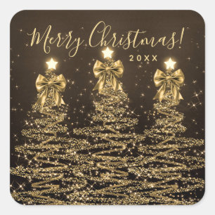 Elegant Holiday Gold Christmas Trees w/ Bows Square Sticker