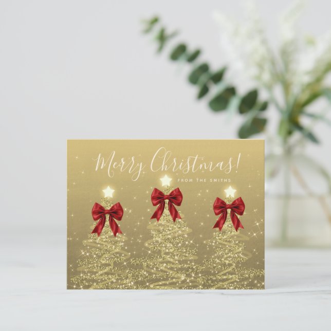 Elegant Holiday Gold Christmas Trees w/ Red Bows Postcard (Standing Front)