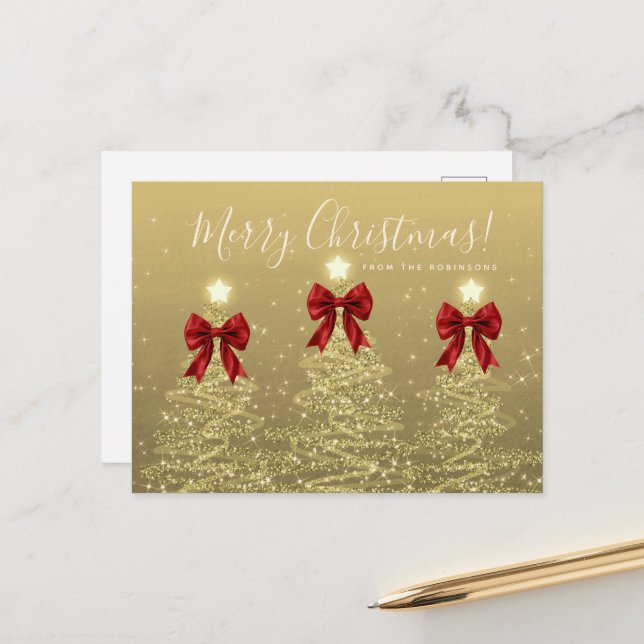 Elegant Holiday Gold Christmas Trees w/ Red Bows Postcard (Front/Back In Situ)