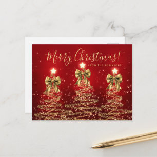 Elegant Holiday Gold Red Christmas Trees w/ Bows Postcard