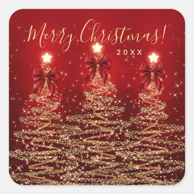 Elegant Holiday Gold Red Christmas Trees w/ Bows Square Sticker (Front)