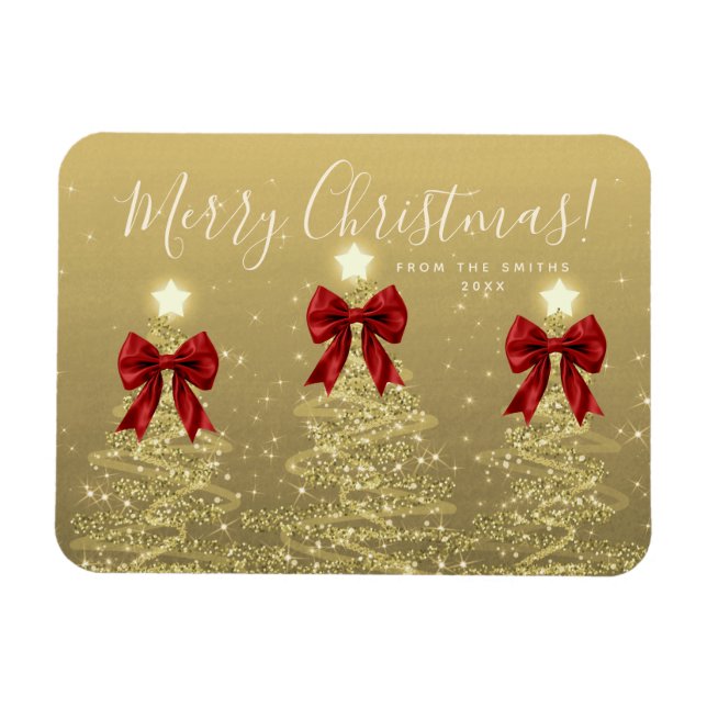 Elegant Holiday Gold Red Christmas Trees + Year Magnet (Horizontal)