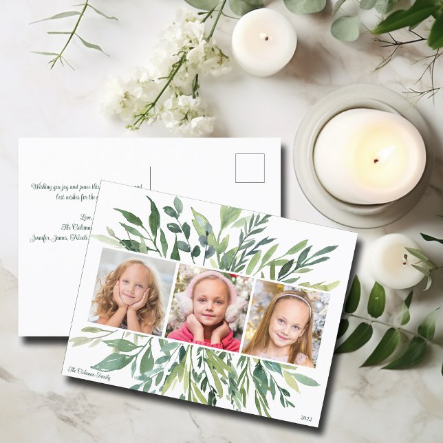 Elegant Holiday Greenery Family 3 Photo Modern Postcard (Creator Uploaded)