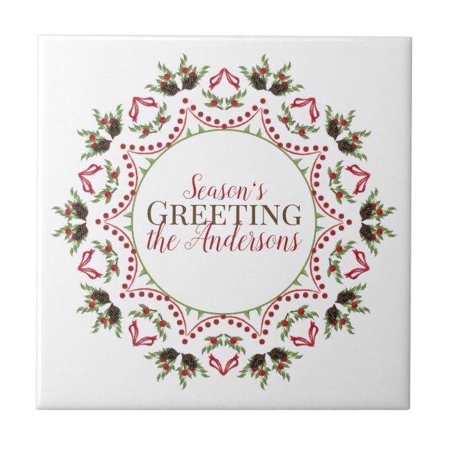 Elegant Holiday Mandala Christmas Red Green Name Ceramic Tile (Front)