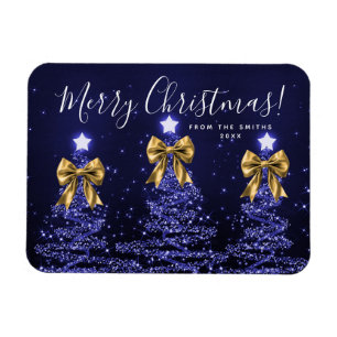 Elegant Holiday Navy Blue Christmas Trees Gold Magnet