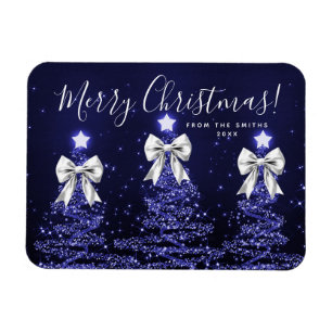 Elegant Holiday Navy Blue Christmas Trees Silver Magnet
