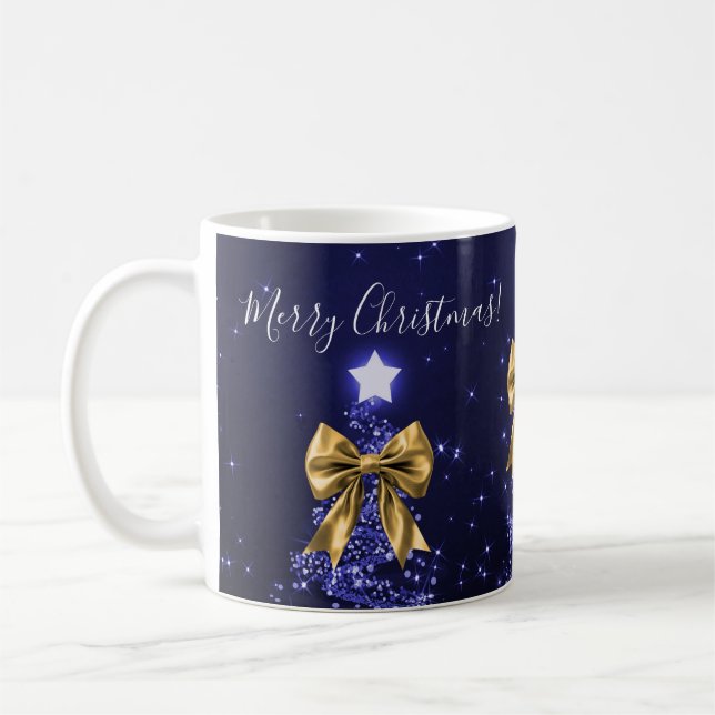 Elegant Holiday Navy Christmas Trees Bows Gold  Coffee Mug (Left)