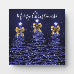 Elegant Holiday Navy Christmas Trees Bows Gold  Plaque