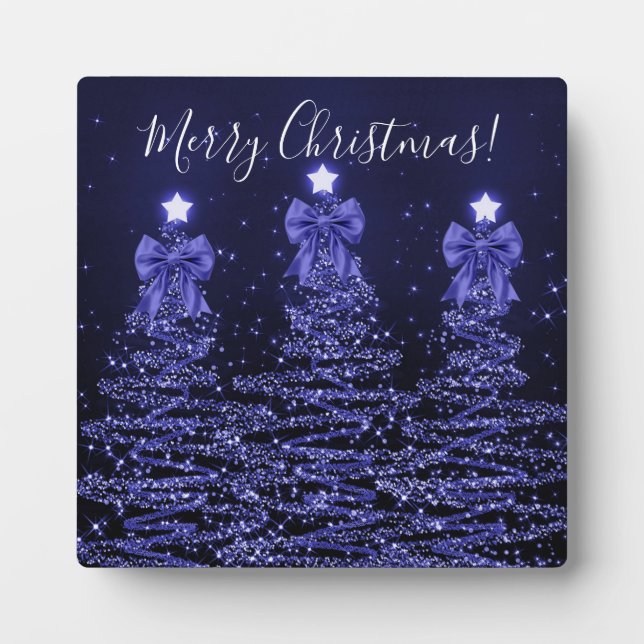 Elegant Holiday Navy Christmas Trees Bows Plaque (Front)