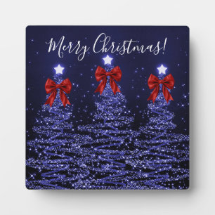 Elegant Holiday Navy Christmas Trees Bows Red  Plaque