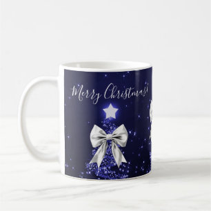 Elegant Holiday Navy Christmas Trees Silver Bows Coffee Mug