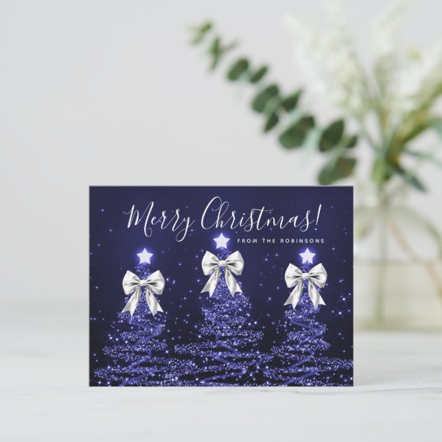 Elegant Holiday Navy Christmas Trees Silver Bows Postcard (Standing Front)