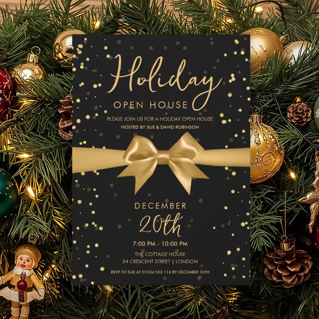 Elegant Holiday Open House Gold Bow Black Invitation (Elegant Holiday Open House Gold Bow Black Invitation)