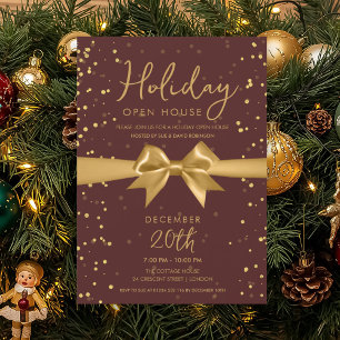 Elegant Holiday Open House Gold Bow Burgundy Invitation