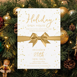 Elegant Holiday Open House Gold Bow  Invitation