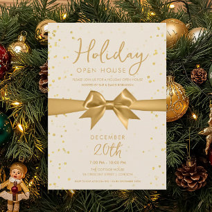 Elegant Holiday Open House Gold Bow  Invitation