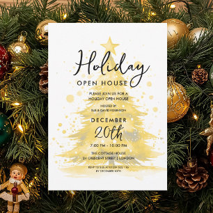 Elegant Holiday Open House Gold Hand Painted Tree Invitation