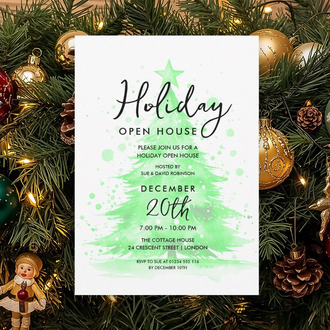 Elegant Holiday Open House Green Hand Painted Tree Invitation (Elegant Holiday Open House Green Hand Painted Tree Invitation)