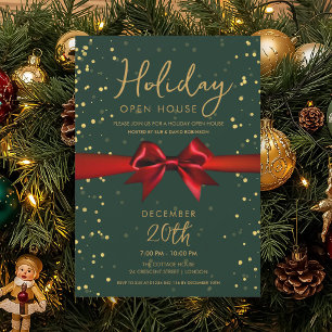 Elegant Holiday Open House Red Bow Green Invitation