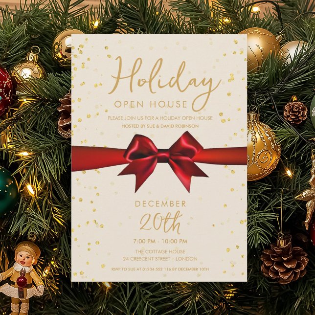 Elegant Holiday Open House Red Bow  Invitation (Elegant Holiday Open House Red Bow Invitation)