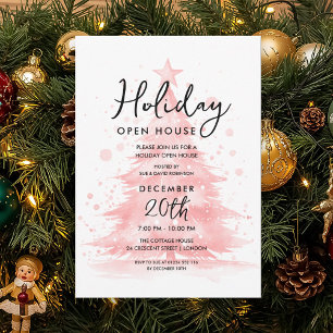 Elegant Holiday Open House Red Hand Painted Tree Invitation