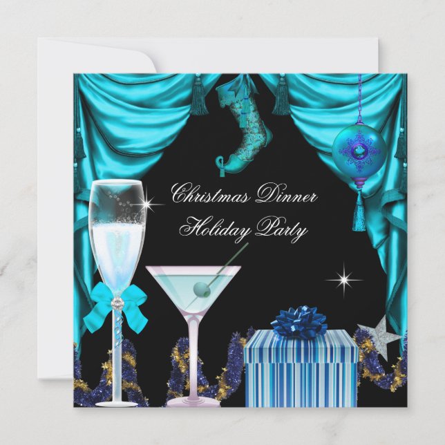 Elegant Holiday Party Christmas Blue White Drinks Invitation (Front)