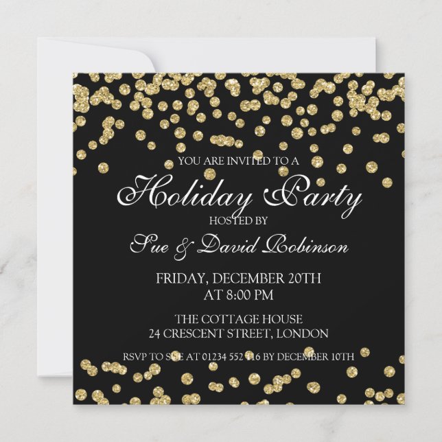 Elegant Holiday Party Gold Glitter Confetti Black Invitation (Front)