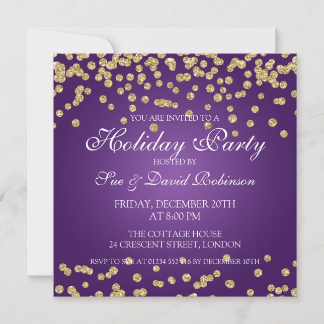 Elegant Holiday Party Gold Glitter Confetti Purple Invitation (Front)