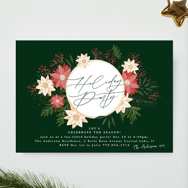 Elegant Holiday Party Poinsettia Wreath Green Invitation (Creator Uploaded)