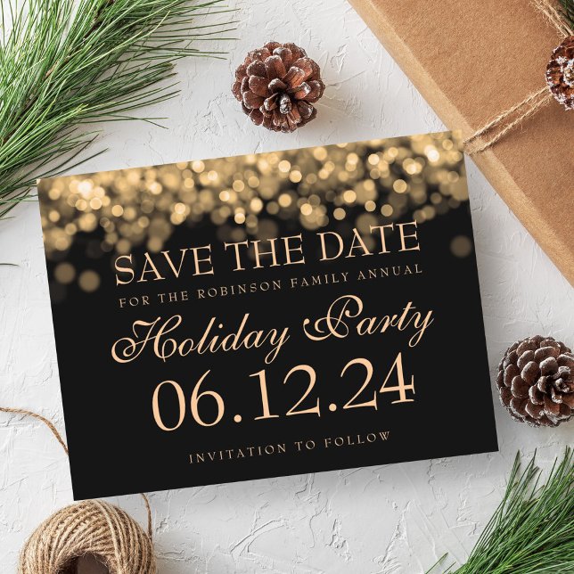 Elegant Holiday Party Save The Date Gold Lights Announcement Postcard (Elegant Holiday Party Save The Date Gold Lights Announcement Postcard)