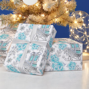 Elegant Holiday Pattern in Silver & Turquoise Wrapping Paper