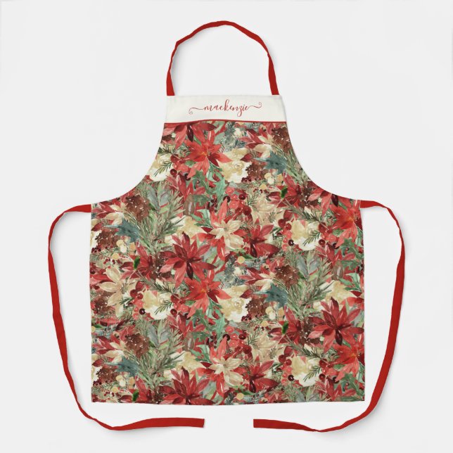 Elegant Holiday Poinsettia Christmas Floral Apron (Front)