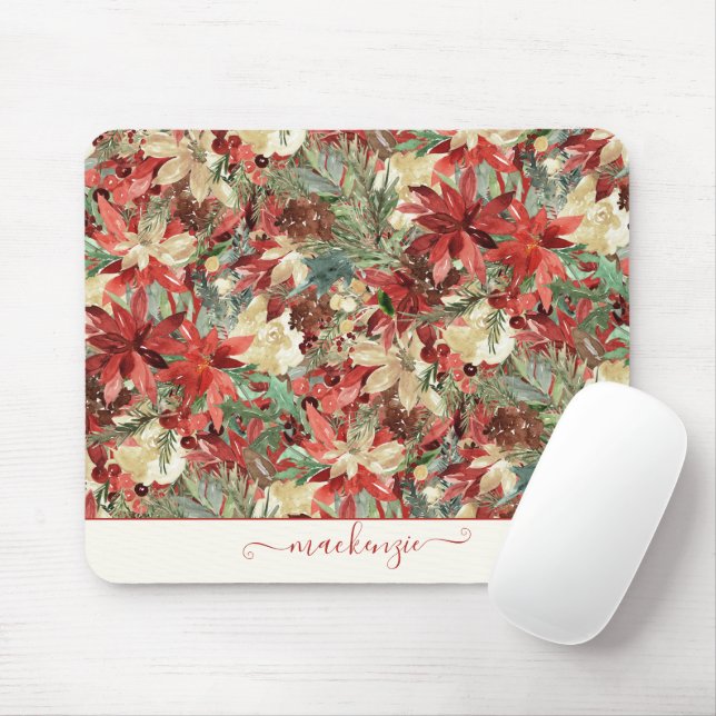 Elegant Holiday Poinsettia Christmas Floral Mouse Pad (With Mouse)