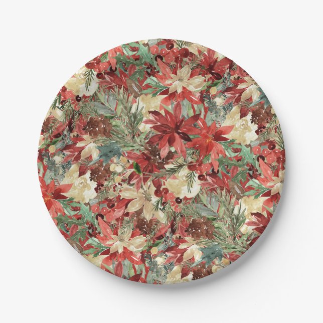 Elegant Holiday Poinsettia Christmas Floral Paper Plate (Front)