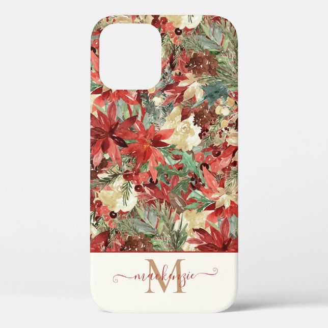 Elegant Holiday Poinsettia Christmas Monogram Case-Mate iPhone Case (Back)