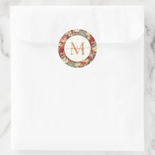 Elegant Holiday Poinsettia Christmas Monogram Classic Round Sticker