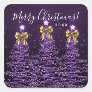 Elegant Holiday Purple Christmas Trees Bows Gold Square Sticker