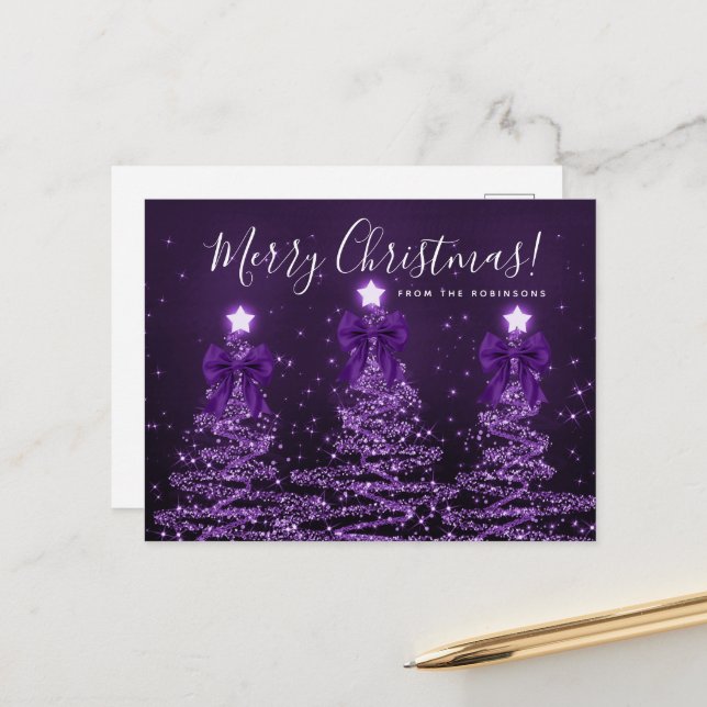 Elegant Holiday Purple Christmas Trees Bows Postcard (Front/Back In Situ)