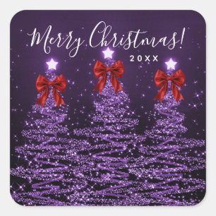 Elegant Holiday Purple Christmas Trees Bows Red Square Sticker