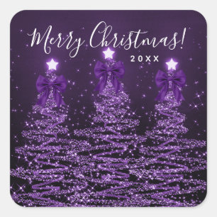 Elegant Holiday Purple Christmas Trees Bows Square Sticker