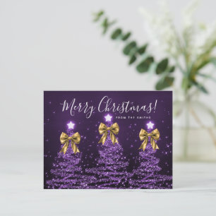 Elegant Holiday Purple Christmas Trees Gold Bows Postcard