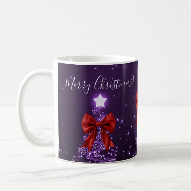 Elegant Holiday Purple Christmas Trees Red Bows Coffee Mug (Left)
