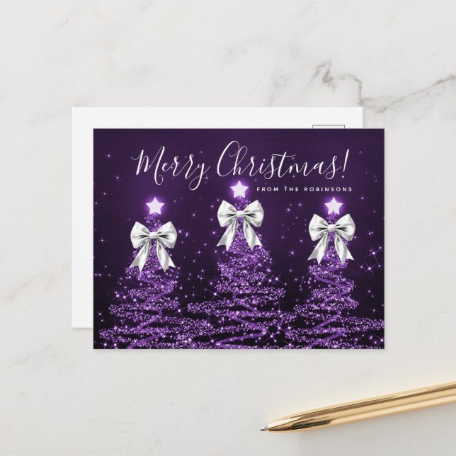 Elegant Holiday Purple Christmas Trees Silver Bows Postcard (Front/Back In Situ)