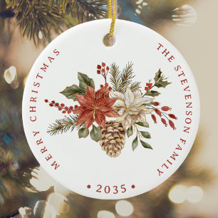Elegant Holiday Red Gold Poinsettia Ceramic Ornament